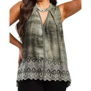 Gimmicks Womens Green Washed Keyhole Flowy Tank Top Size Medium Embroidered Hem